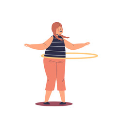 Happy school girl rolling hula hoop on waist. Kid enjoy funny recreation activity and sport gaming