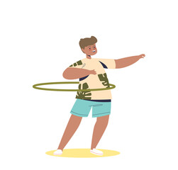 Kid boy playing with hula hoop rolling and spinning around waist. Active child doing game activity