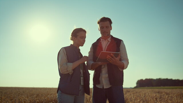 Agronomists Team Holding Tablet Computer In Sunlight. Agritech Industry Workers