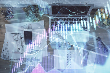 Multi exposure of financial chart drawing over table background with computer. Concept of research. Top view.