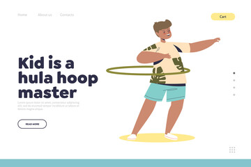 Kid hula hoop master concept of landing page with boy rolling and spinning ring around waist