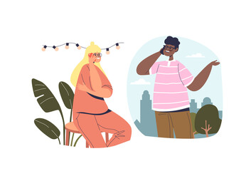 Young couple have phone call. Man and woman communicating on mobile cellphone talking