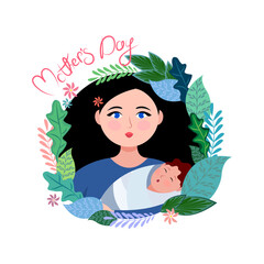 Mother and child, a woman with a baby in her arms, in a frame of flowers. Family vector illustration