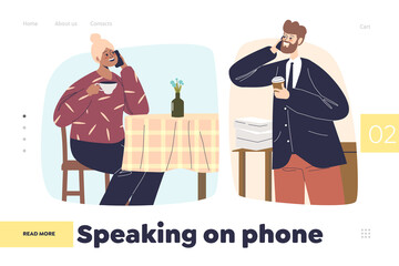 Naklejka premium Speaking on phone concept of landing page with man and woman have cellphone call conversation