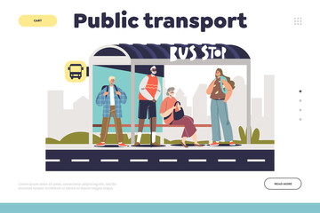 Public transport concept of landing page with people at bus stop waiting for bus arrival