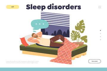Sleep disorder concept of landing page with sleepless man lying awake in bed try to fall asleep