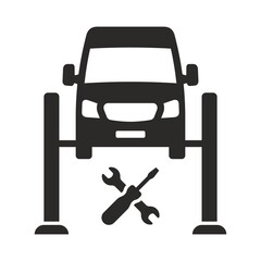 Car lift icon. Car servicing and MOT. Van. Commercial vehicle. Garage. MOT. Car repair service, auto diagnostics center. Vector icon isolated on white background.
