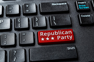 Republican Party red key on a decktop computer keyboard. Concept of voting online for Republican...