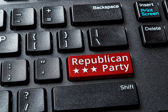 Republican Party red key on a decktop computer keyboard. Concept of voting online for Republican Party, politics, United States elections. Laptop enter key with Republican Party word message.