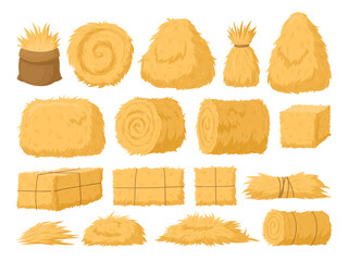 Fototapeta Cartoon haystack, rural hay rolled stacks and agricultural haycocks. Dried haystack, fodder straw and farm haystacks vector symbols illustrations set. Bale of hay collection obraz
