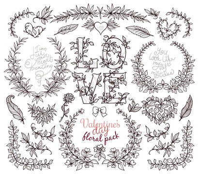 Valentines day hand drawn floral elements set, romantic symbols, hearts,branches, leaves, flowers, logo elements