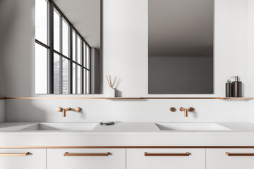 Stylish bathroom interior with double sink and mirrors, decoration and panoramic window