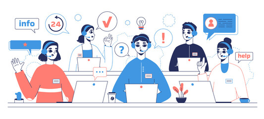 Personal customer support assistants, problem solving center operators. Virtual customers support service, customer loyalty program workers vector illustration. Technical client support