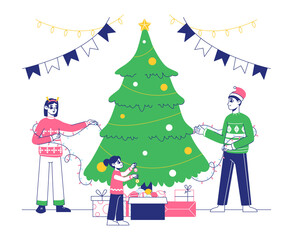 Сhristmas tree decorating, winter holidays family decorate fur tree. People celebrating Сhristmas, family preparing for xmas and new year holidays vector illustration. Holiday house decorate