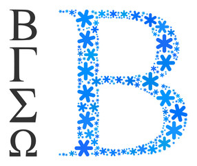 Mosaic Beta Greek letter icon is organized for winter, New Year, Christmas. Beta Greek letter icon mosaic is organized from light blue ice crystals. Some bonus icons are added.