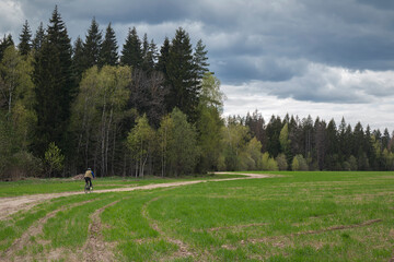 Fototapeta na wymiar A cyclist on a wheel track in a field in a forest by spring day
