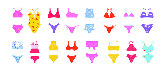 Vector bikini illustration kits. Women's swimming suits for summer vacation. Stylish bikini collection.