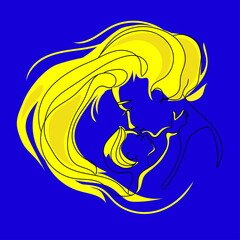 Ukrainian woman with child Minimalist Abstract Art vector illustration in the colors of the Ukrainian flag, blue yellow design.Mother and baby.Mother's love for the child.Save concept.Design element 