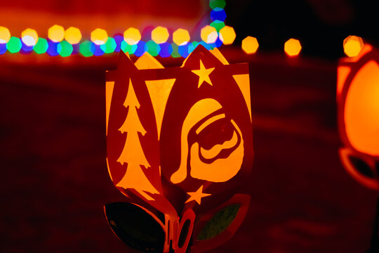 Candle Lanterns With Christmas Lights On Candlelight Day, Colombian Celebration