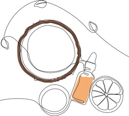 Continuous drawing of one line of bottles with oil or honey or lemon or lime juice for scrubbing and body skin care with natural herbal skin care products, top view of ingredients. Vector illustration