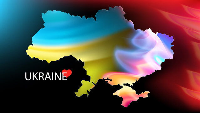 Vector image. The map of Ukraine is on fire in the fire of war. Outline map of Ukraine with waving flag of the country. Fire flame. Russian-Ukrainian war.