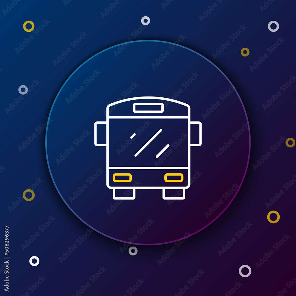 Poster Line Bus icon isolated on blue background. Transportation concept. Bus tour transport sign. Tourism or public vehicle symbol. Colorful outline concept. Vector