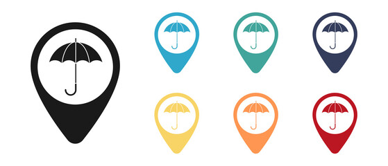 Umbrella concept vector icon set, label on the map. Set of multicolored icons. Illustration
