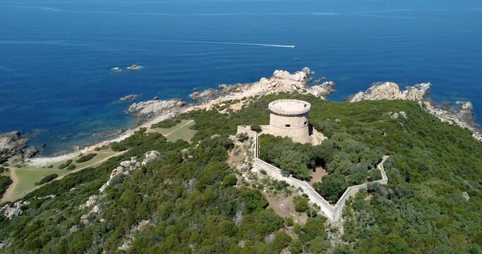 Aerial view of the Genoise watchtower of Campomoro, Corsica, France - Vue a&eacute;rienne de la tour g&eacute;noise de Campomoro, Corse, France