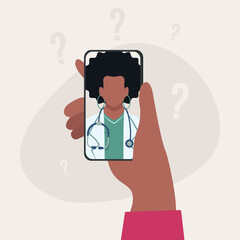 Holding Smartphone with Video Call on Screen of Patient having Online Conversation with black woman Doctor and question signs.