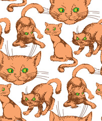 Seamless pattern. Cheerful fluffy adorable cats in different poses.