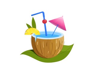 Coconut cocktail with straw, umbrella, pineapple slice. Vector illustration isolated on white background