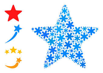 Mosaic red star pictogram designed for winter, New Year, Christmas. Red star icon mosaic is designed with light blue snow parts. Some bonus icons are added.