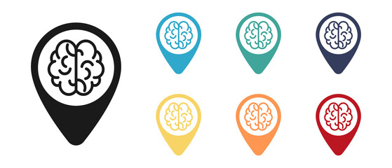 Brains, mind innovation ideas set, map tag. Set of multicolored icons. Illustration