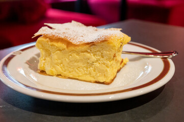 Austrian sweet dessert, filled with white cheese strudel served warm in traditional cafe in Vienna, Austria