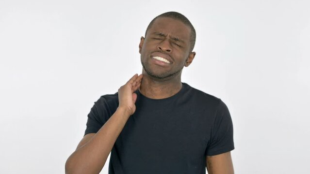Young African Man with Neck Pain on White Background 