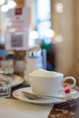 Lifestyle of Vienna, cup of hot cappuccino coffee with cream foam served in old  Viennese-style Austrian cafe