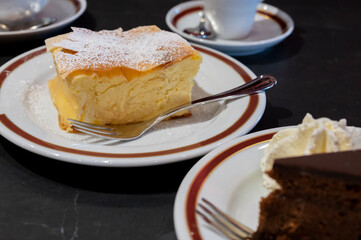 Austrian sweet dessert, filled with white cheese strudel served warm in traditional cafe in Vienna, Austria