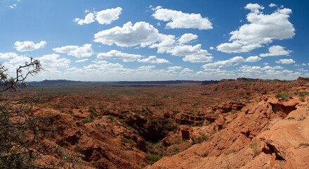 Desert landscape. Panorama view of the red sandstone and rock formations, cliffs, mountains and valley in Sierra de las Quijadas national park.