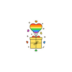 Gift box on rainbow heart shaped parachute - colorful line icon on white background. LGBT & LGBTQ love, gays and lesbians, sexual minorities support. Pride month, wedding, Valentine's Day celebration.