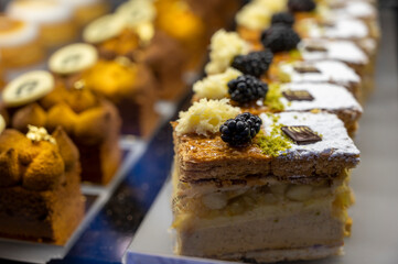 Austrian desserts, different types of chocolate and fruit cakes in traditional bakery cafe in Vienna.