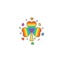 Lucky shamrock with rainbow heart shaped leaves. LGBT & LGBTQ love, gays and lesbians, sexual minorities support symbol. Pride month trefoil vector illustration.