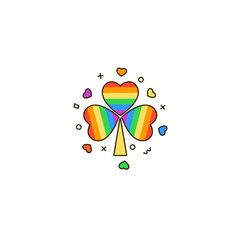 Lucky shamrock with rainbow heart shaped leaves. LGBT & LGBTQ love, gays and lesbians, sexual minorities support symbol. Pride month trefoil vector illustration.