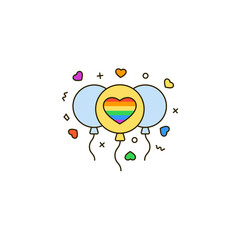 Three balloons with rainbow heart - color line icon. Symbol of LGBT & LGBTQ love, gays and lesbians, sexual minorities support. Pride month celebration, Valentine's day vector illustration.