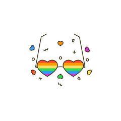 Heart shaped rainbow glasses - color line icon on white background. LGBT, LGBTQ, gay love eyewears symbol in thin linear design. Pride month celebration, Valentine's day vector illustration.