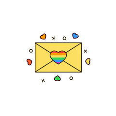 Love mail decorated with rainbow heart - color line icon on isolated background. Romantic envelope symbol for LGBT & LGBTQ love chat, social media and messengers.