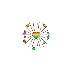 Rainbow heart with sun rays - color line icon. Gay love and romantic sign with sunbeams. Heartshape symbol of LGBT & LGBTQ community. Pride month celebration, Valentine's day vector illustration.