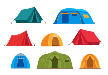Set of tourist camp tents isolated on white background. Hiking and camping equipment icons. Vector illustration. - obrazy, fototapety, plakaty