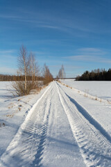 Rural snowy road through the field and forest. Vehicle tracks and trees in the snow. Winter nature landscape background