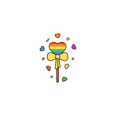 Rainbow heart shaped lollipop decorated with ribbon bow - flat color line icon. Candy or rainbow popsicle vector illustration for Pride month, Valentine's Day, gay love, LGBT support celebration.