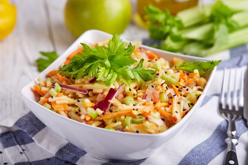 Raw vegetable salad with celery, apple, carrot and red onion. Diet healthy food. Vegetarian dish.